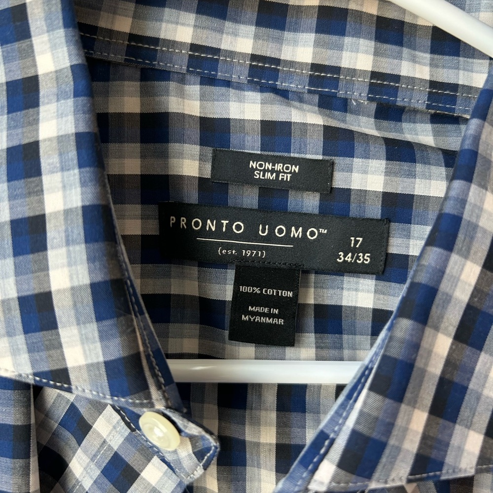Pronto Uomo Navy and White Check Slim Fit Dress Shirt
